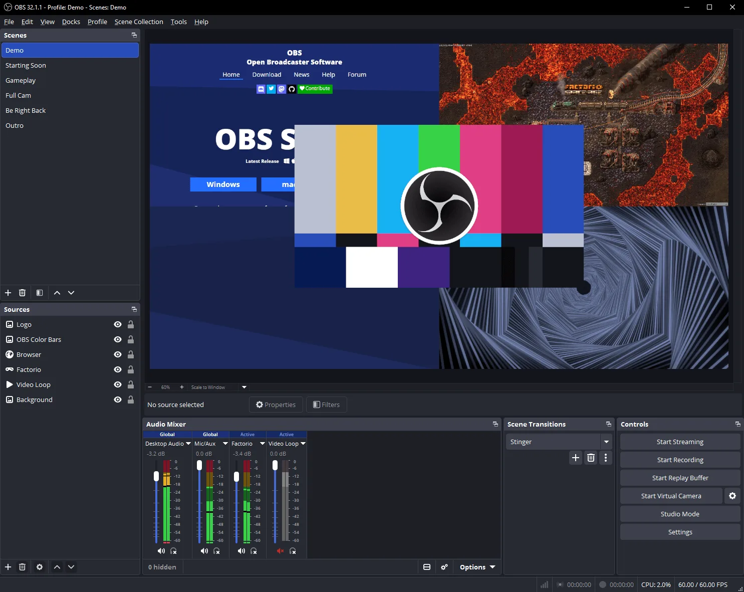OBS Studio hero screenshot from the official site: the full Windows editor with preview and docks.