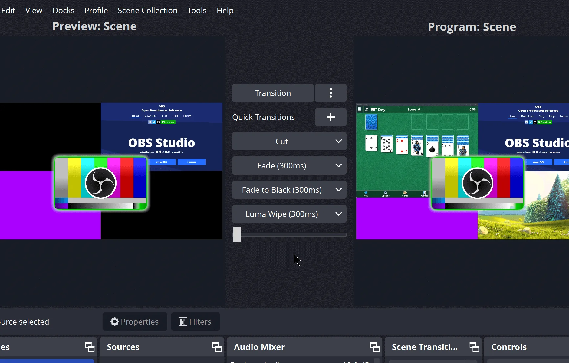 OBS Studio main window with scenes, sources, audio mixer, and preview of a live layout on Windows.